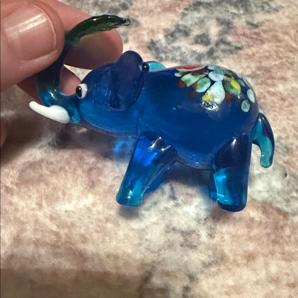 Blue Glass Elephant Figurines with Floral Accents - Picture 11 of 14